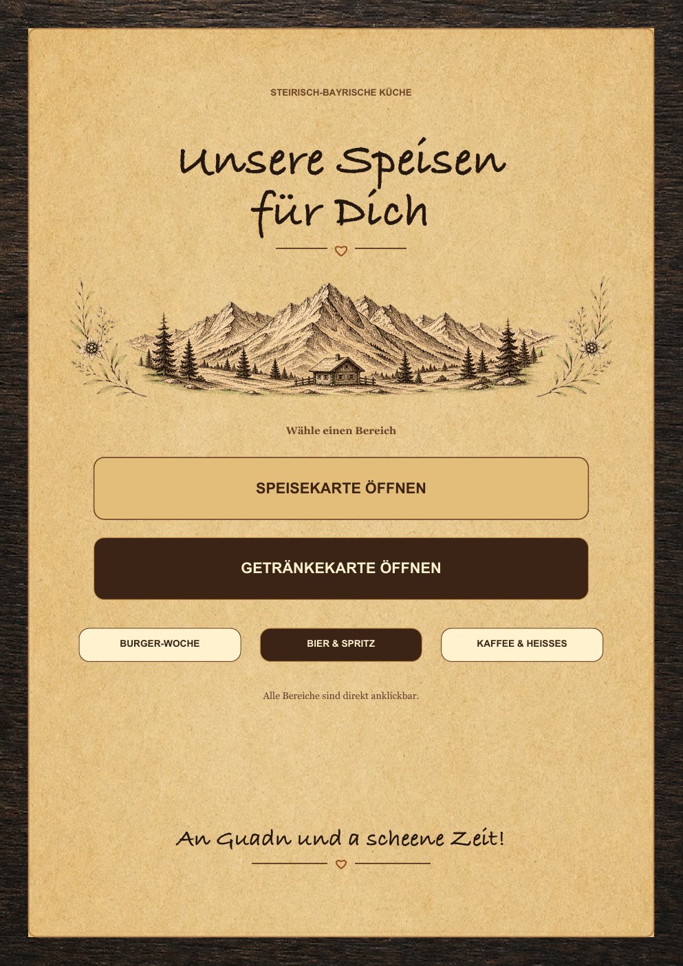 Titelseite der Speise- und Getränkekarte